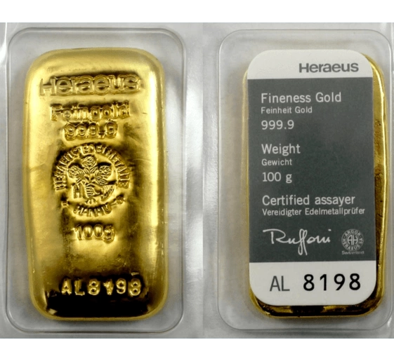 100 Gram Argor Heraeus Cast Gold Bar