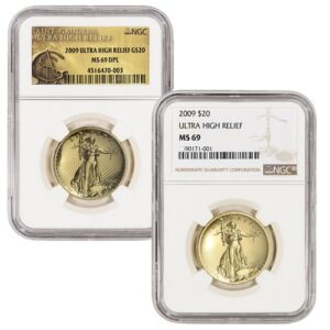 2009 Ultra High Relief Gold Double Eagle Coin NGC MS69 (Varied Label)
