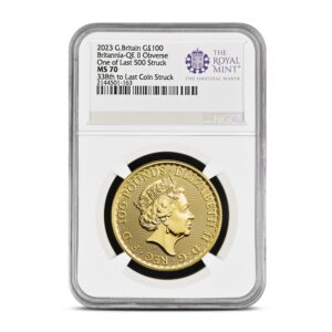 2023 1 oz British Gold Britannia Coin NGC MS70 (Last 500 Struck, Queen Elizabeth II)