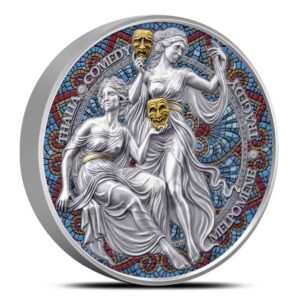 2025 2 oz Colorized Antique Cameroon Silver Melpomene and Thalia Coin (Box + CoA)