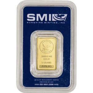 5 Gram Sunshine Gold Bar For Sale (New w/ Assay, MintMark SI)