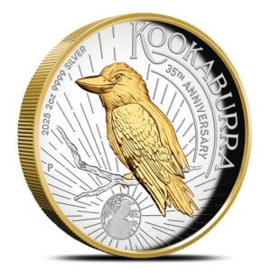 2025 2 oz Proof Australian Silver Kookaburra Coin (Gilded, Box + CoA)